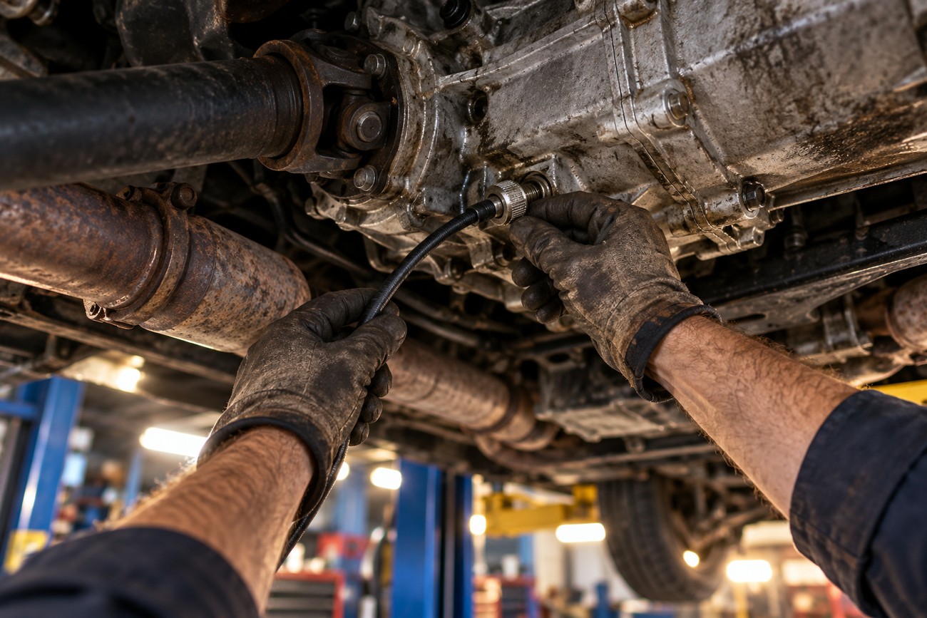 Mechanic wearing work gloves connecting the speedometer cable to the transmission under a vehicle