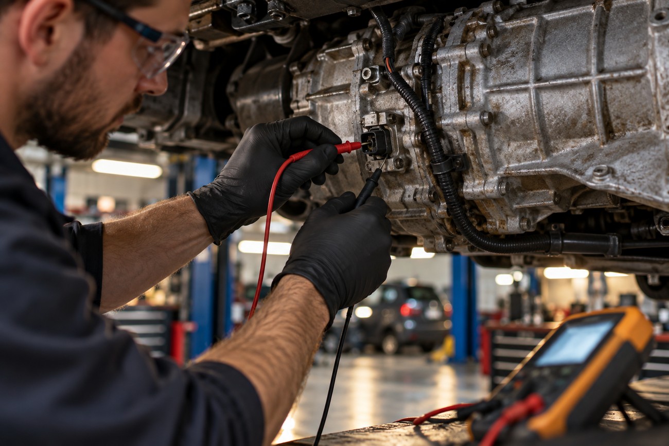 Mechanic wearing black gloves testing a car transmission sensor with a multimeter in a repair shop