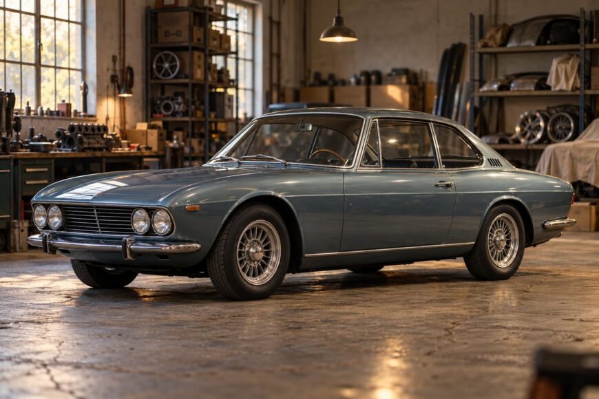 Classic blue Glas 1700 GT coupe parked inside a vintage automotive workshop with shelves and spare parts in the background