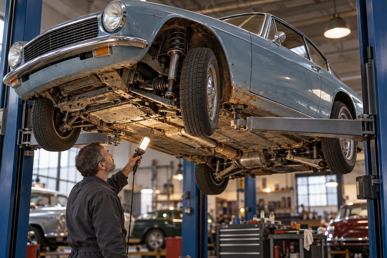 A mechanic holding a work light to inspect the undercarriage of a classic blue Glas 1700 GT coupe lifted on a hoist in a repair garage