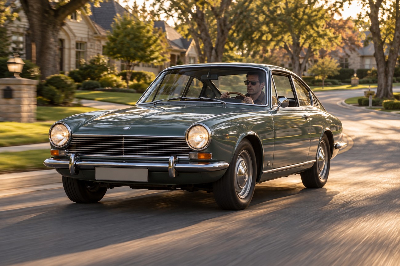 A man driving a vintage dark green Glas 1700 GT coupe down a sunny suburban residential street