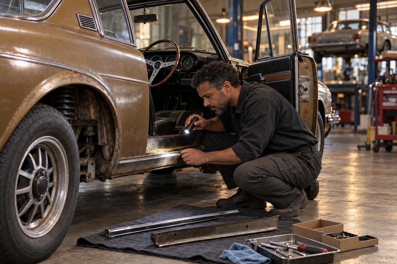 A mechanic in workwear crouching beside a vintage brown Glas 1700 GT coupe inspecting the rust and side sill with a flashlight in a garage