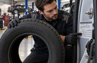 A mechanic in gloves checks the tire sidewall code against the vehicle information placard on the door