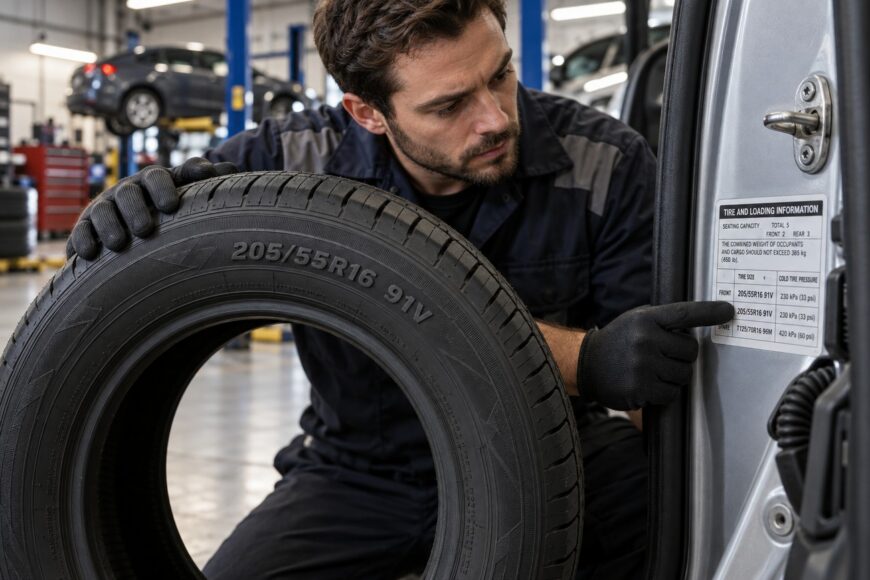 A mechanic in gloves checks the tire sidewall code against the vehicle information placard on the door