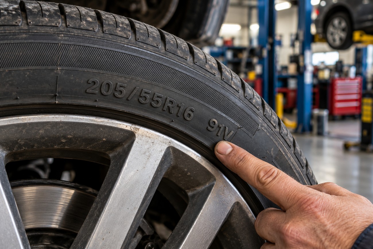 Mechanic pointing at the size code 205 55R16 printed on a car tire sidewall in a garage