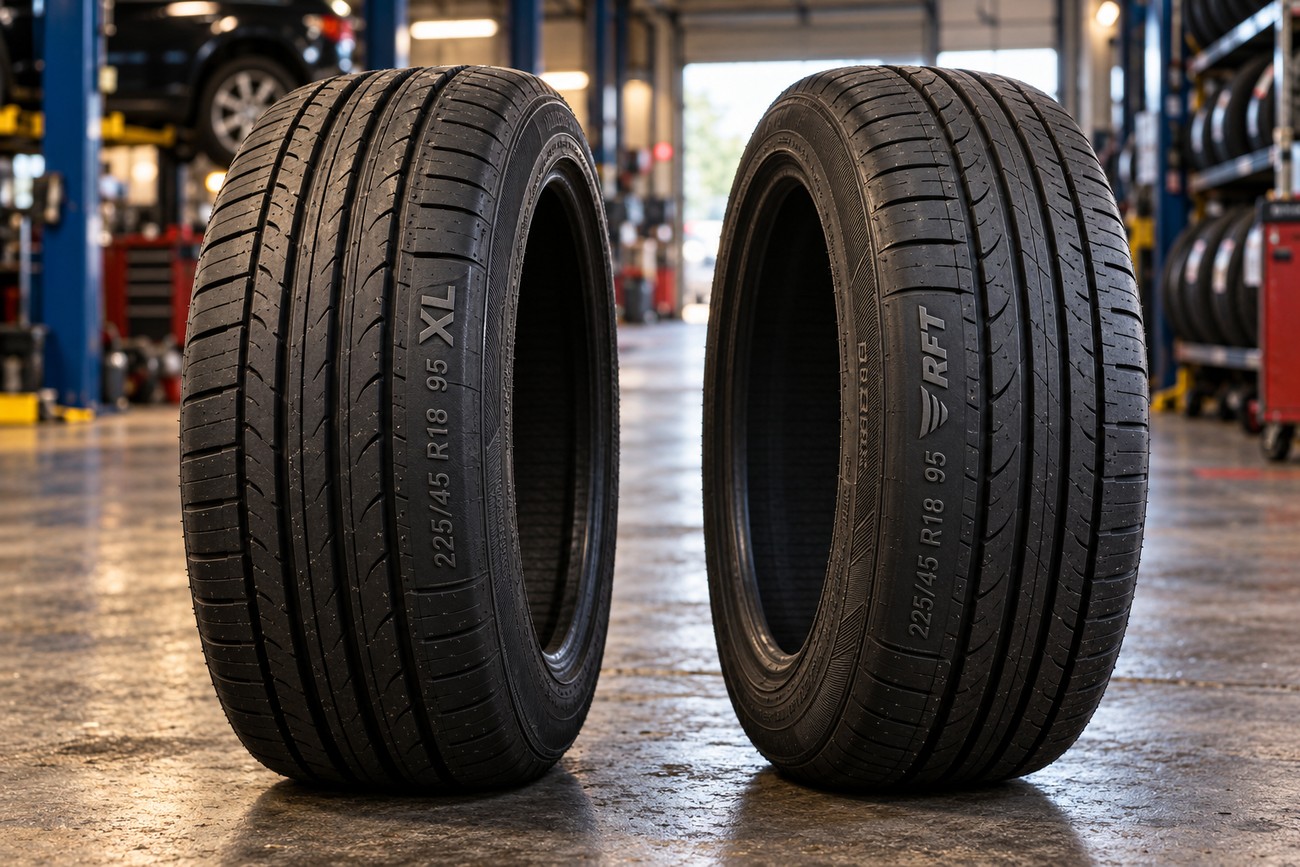 Two car tires standing upright in a brightly lit automotive repair shop showing visible sidewall codes