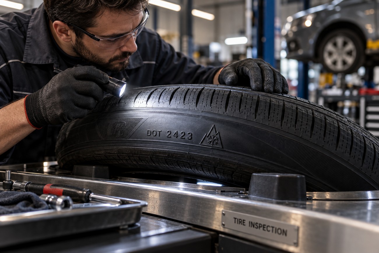 Mechanic wearing safety glasses and gloves uses a flashlight to inspect the DOT code on a car tire sidewall in an auto repair shop