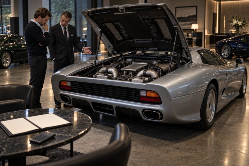 A salesman in a suit showing the open engine bay of a silver Jaguar XJ220 supercar to a prospective buyer in a showroom