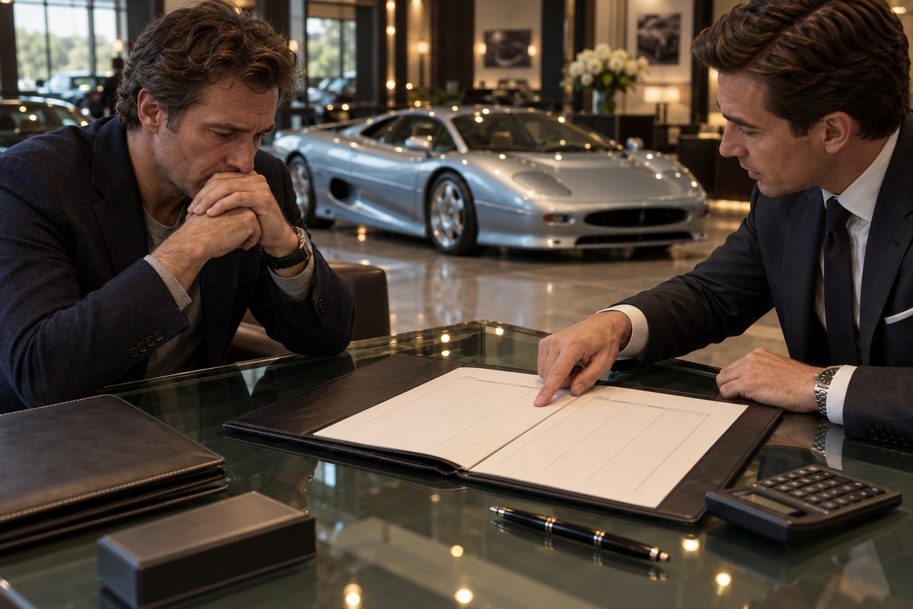 An anxious buyer sitting at a glass desk reviewing a purchase contract with a car salesman while a silver Jaguar XJ220 supercar is parked in the showroom background