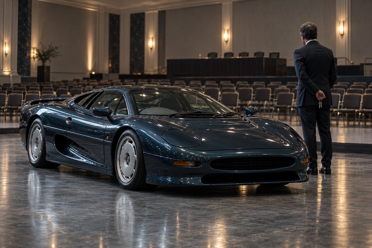 A sleek dark blue Jaguar XJ220 supercar parked inside a large empty hall with a man in a suit holding keys standing nearby
