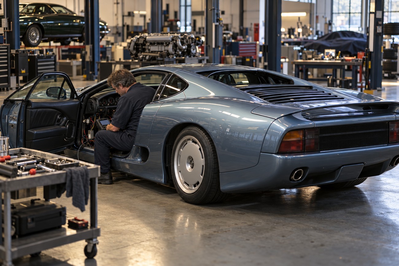 A mechanic inspecting the electronics inside the open door of a silver-blue Jaguar XJ220 in a garage