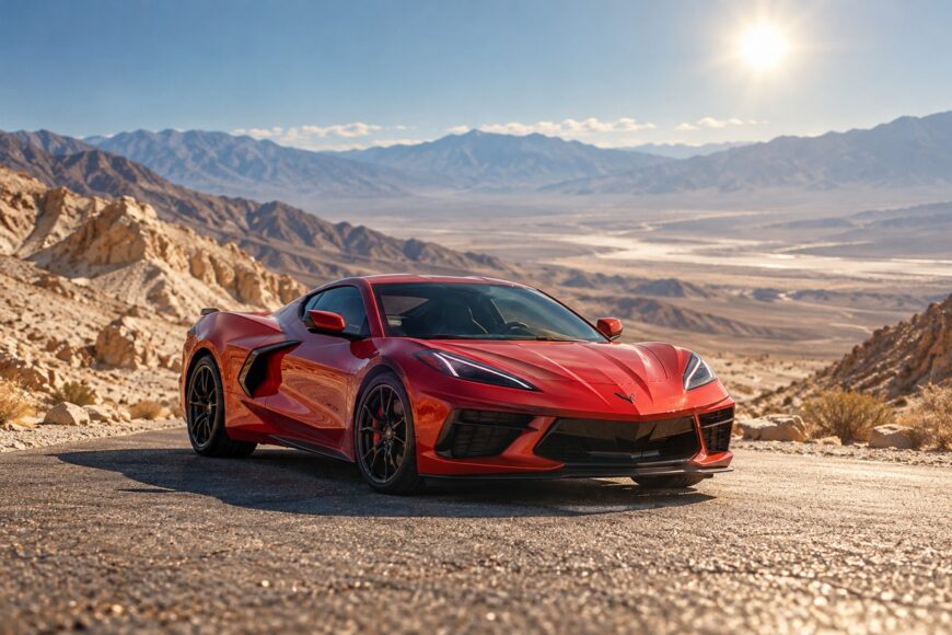 A red Chevrolet Corvette parked on a winding desert road under the bright sun in Death Valley with mountains in the background