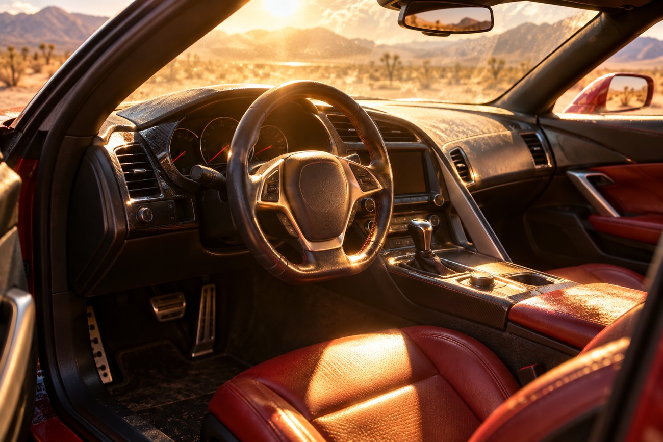 Interior view of a Chevrolet Corvette parked in the sunny Death Valley desert with bright sunlight hitting the red leather seats