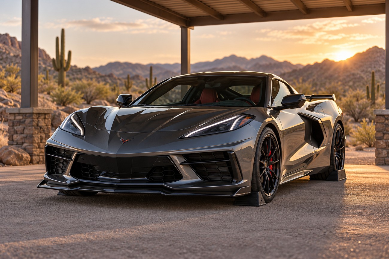 A gray Chevrolet Corvette parked under a carport in the Death Valley desert with mountains and cacti in the background at sunset