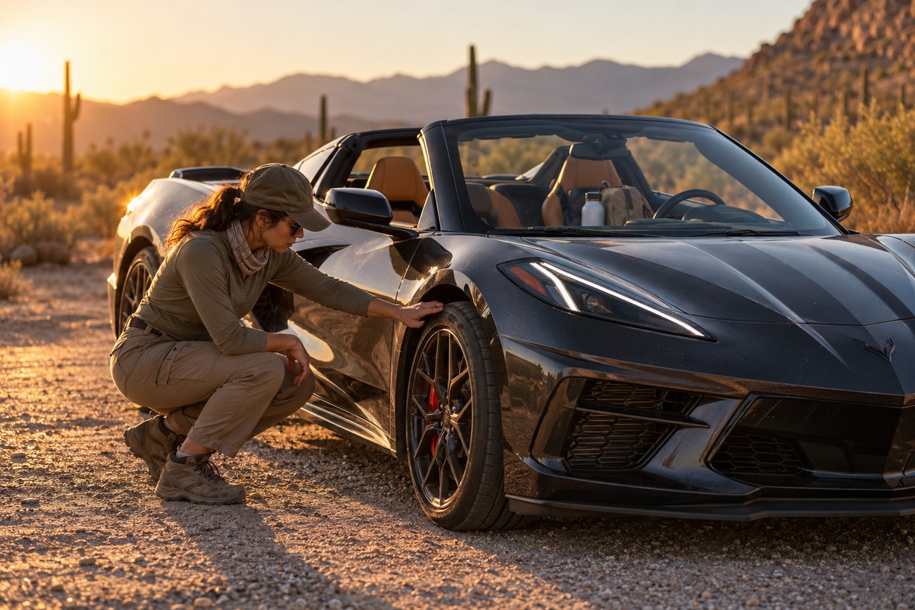 A woman crouching and touching the tire of a black Chevrolet Corvette convertible parked in the desert sun