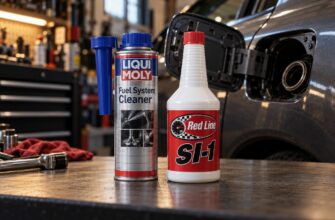 Liqui Moly and Red Line fuel system cleaner bottles standing on a workshop table next to a car