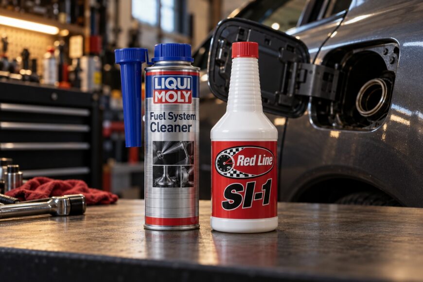 Liqui Moly and Red Line fuel system cleaner bottles standing on a workshop table next to a car