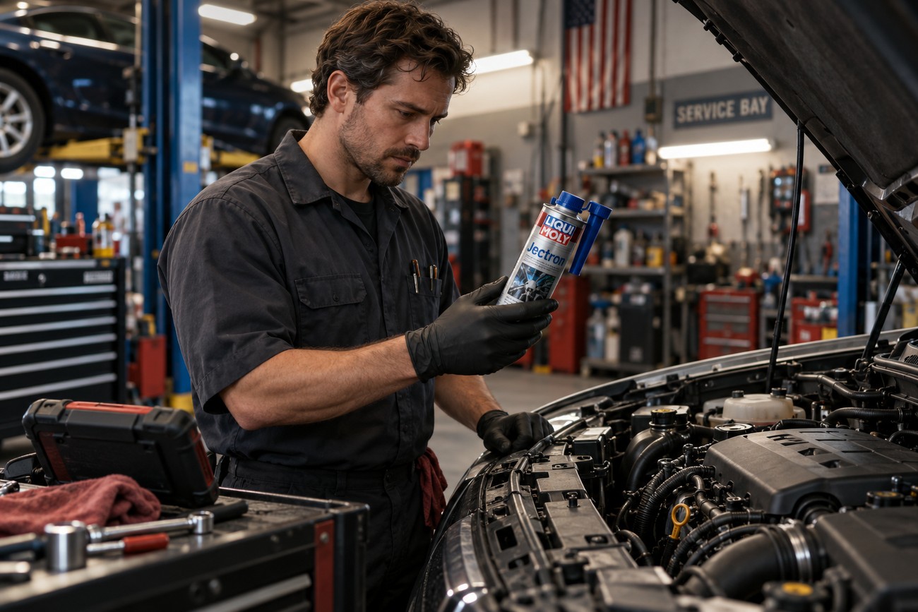 Mechanic in black gloves holding a Liqui Moly fuel system cleaner bottle near an open car engine in a service bay