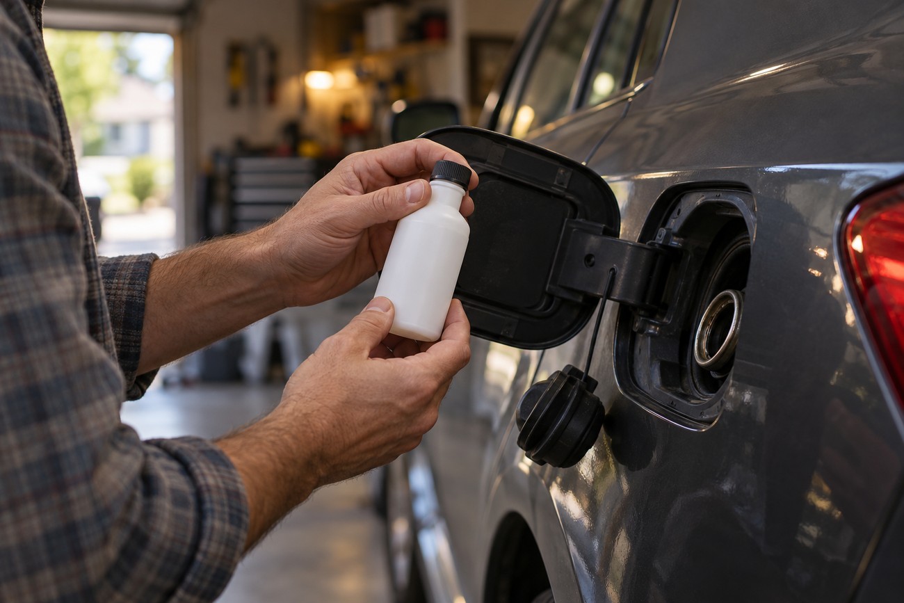 A man holding a bottle of fuel system cleaner near the open gas tank of a gray car in a garage