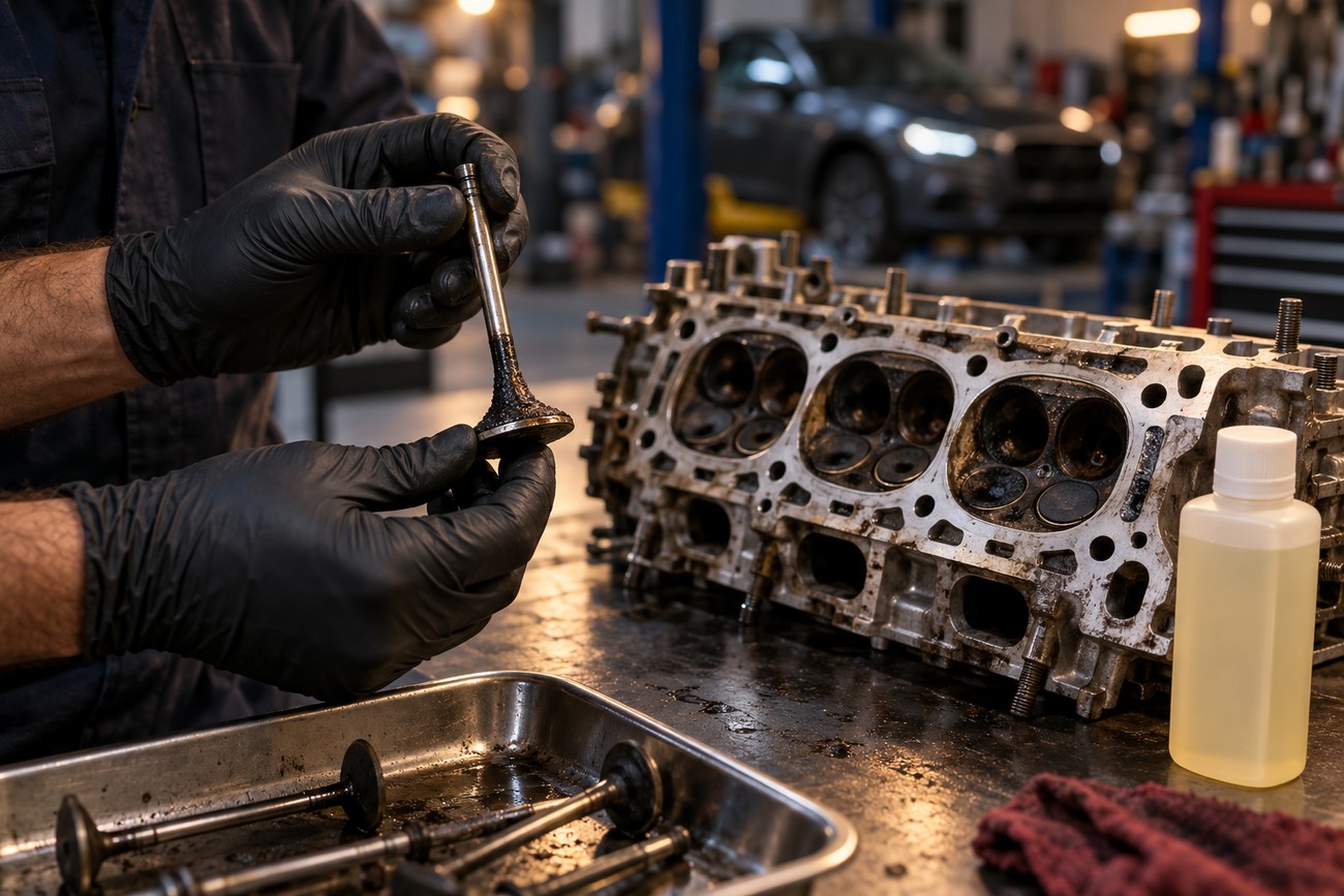 Mechanic in black gloves holding a carbon-built engine valve near a cylinder head and cleaner bottle