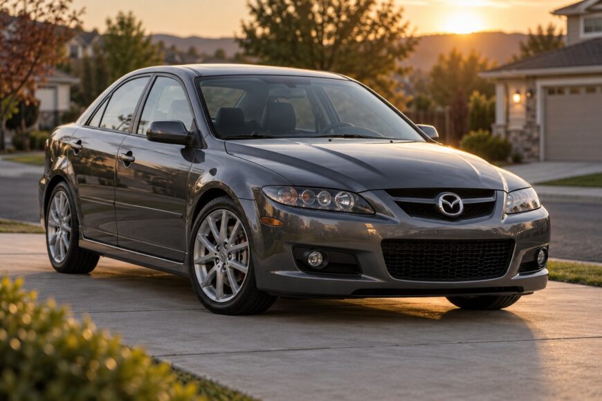A dark gray Mazdaspeed6 sedan parked on a concrete driveway in a suburban neighborhood during sunset