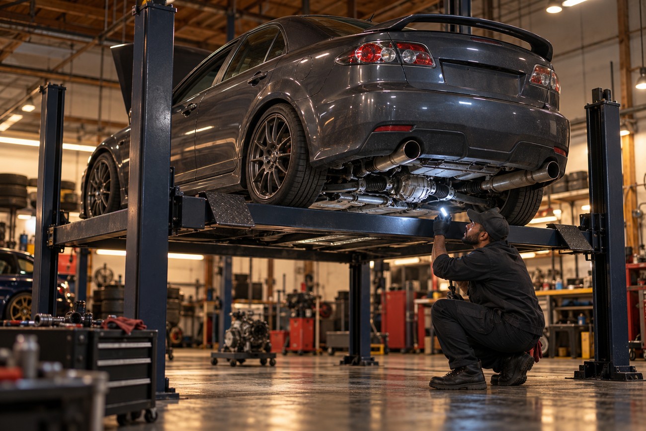 A mechanic in a black uniform inspects the underbody and all-wheel-drive system of a gray Mazdaspeed6 raised on a hydraulic lift in an auto repair shop
