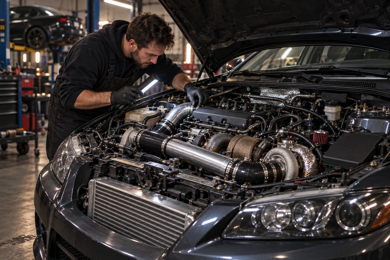 A mechanic in black gloves inspects the turbocharged engine bay of a dark gray Mazdaspeed6 using a work light in a repair shop