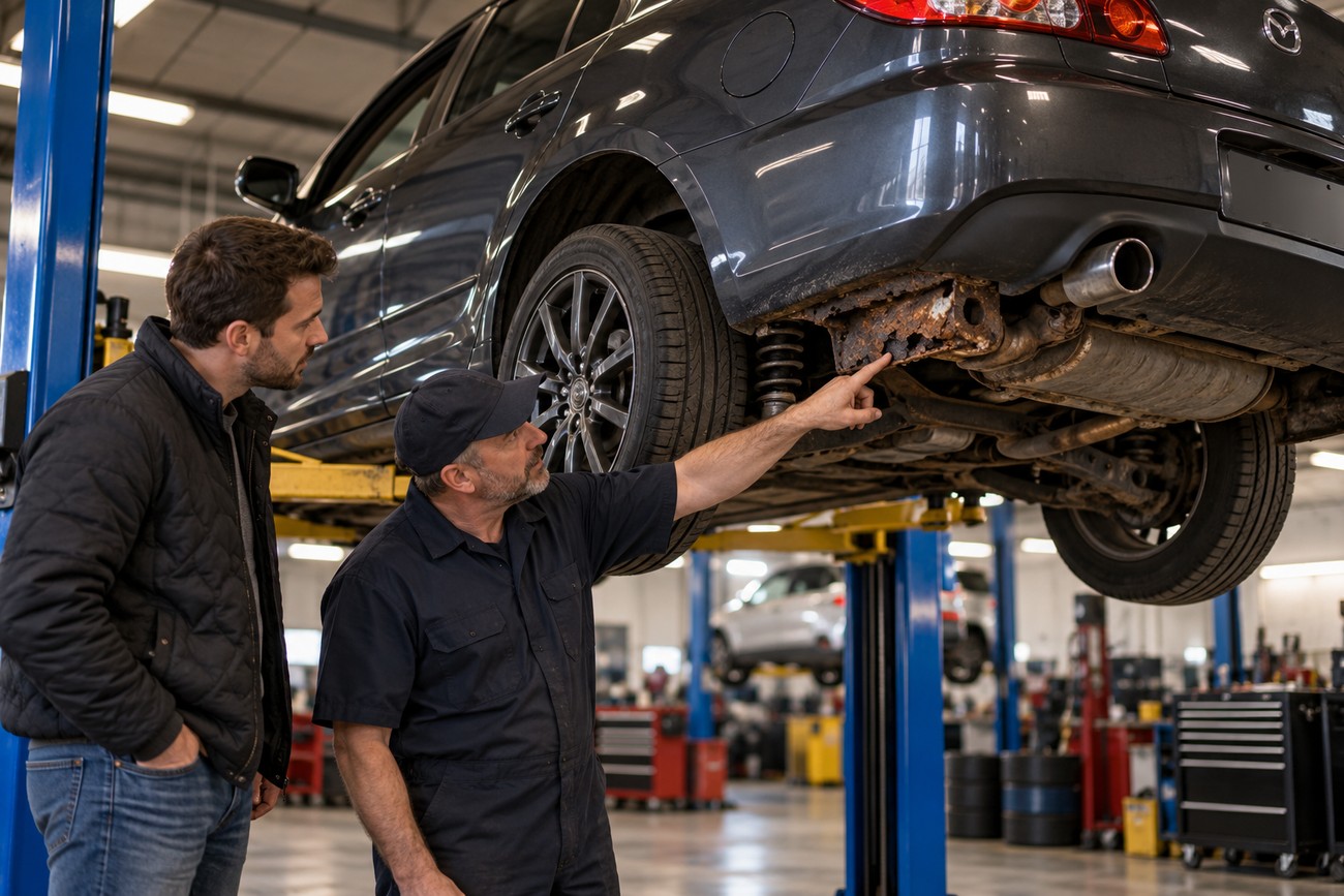 Mechanic pointing at rust on the undercarriage of a lifted Mazdaspeed6 while talking to a customer