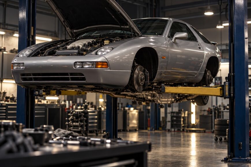 Silver Porsche 928 GTS lifted on a hydraulic hoist in a brightly lit workshop with the hood open