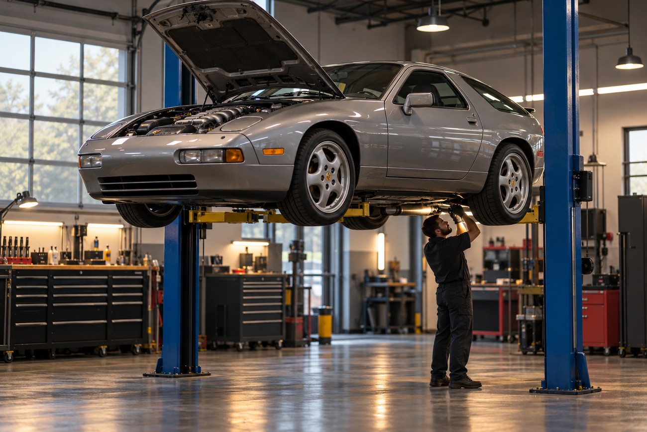 A mechanic working underneath a silver Porsche 928 GTS raised on a hydraulic lift in a service garage