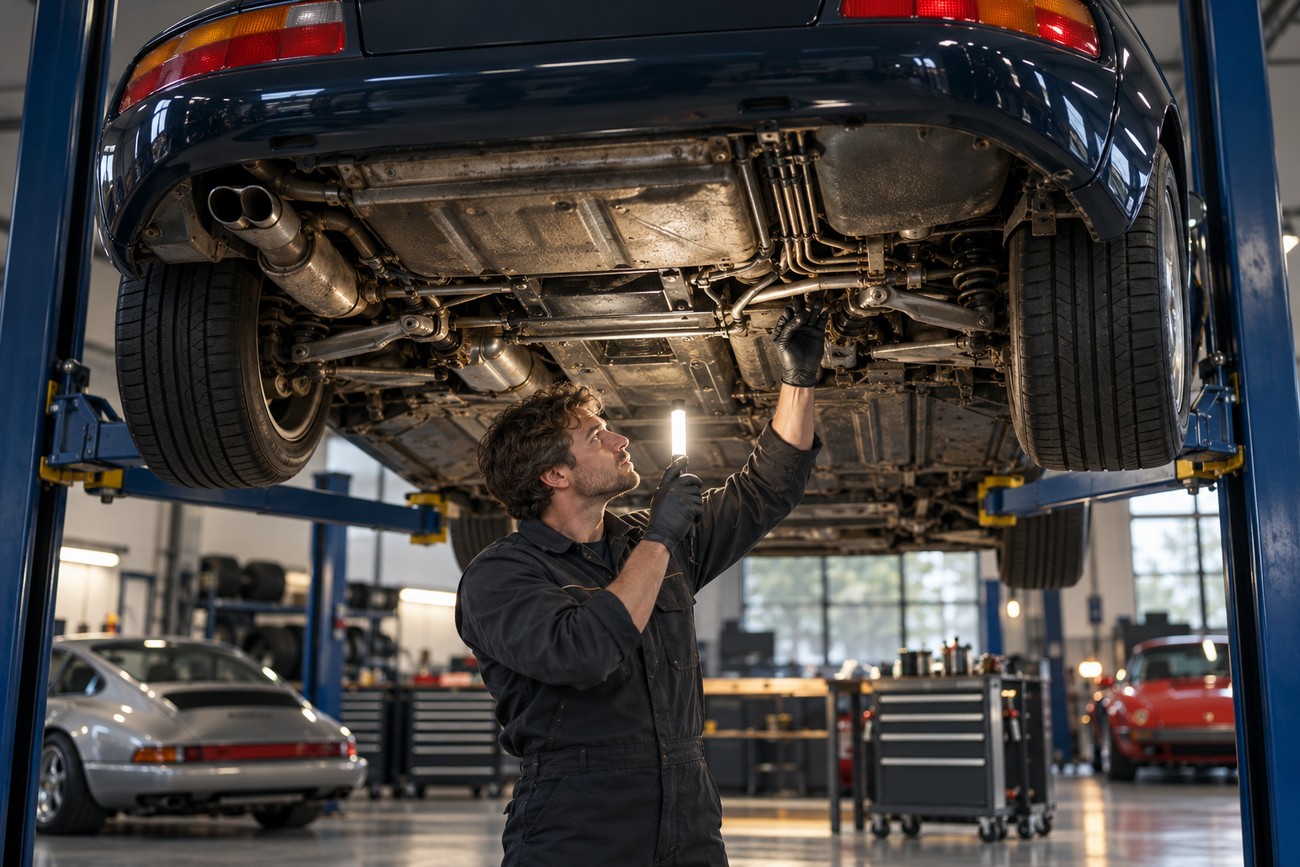 A mechanic in black overalls holds a work light to inspect the undercarriage of a Porsche 928 GTS raised on a hydraulic lift in an auto repair shop