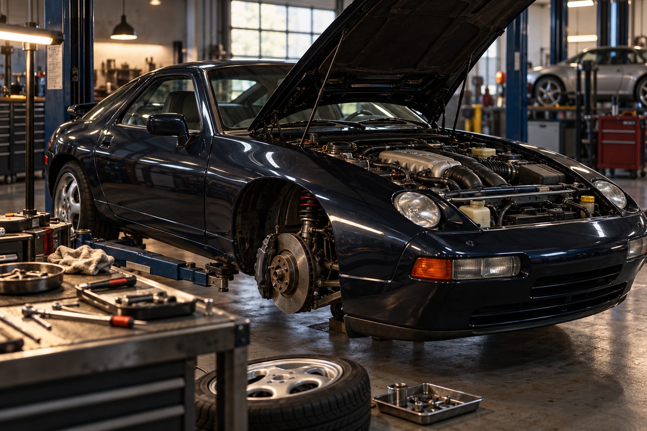 Dark blue Porsche 928 GTS lifted on a hydraulic hoist with open hood and removed front wheel in an auto repair workshop