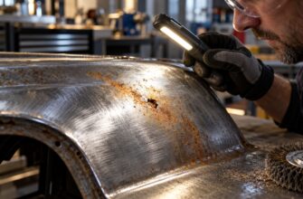 A mechanic wearing safety glasses and gloves inspects surface rust on a metal panel with a flashlight