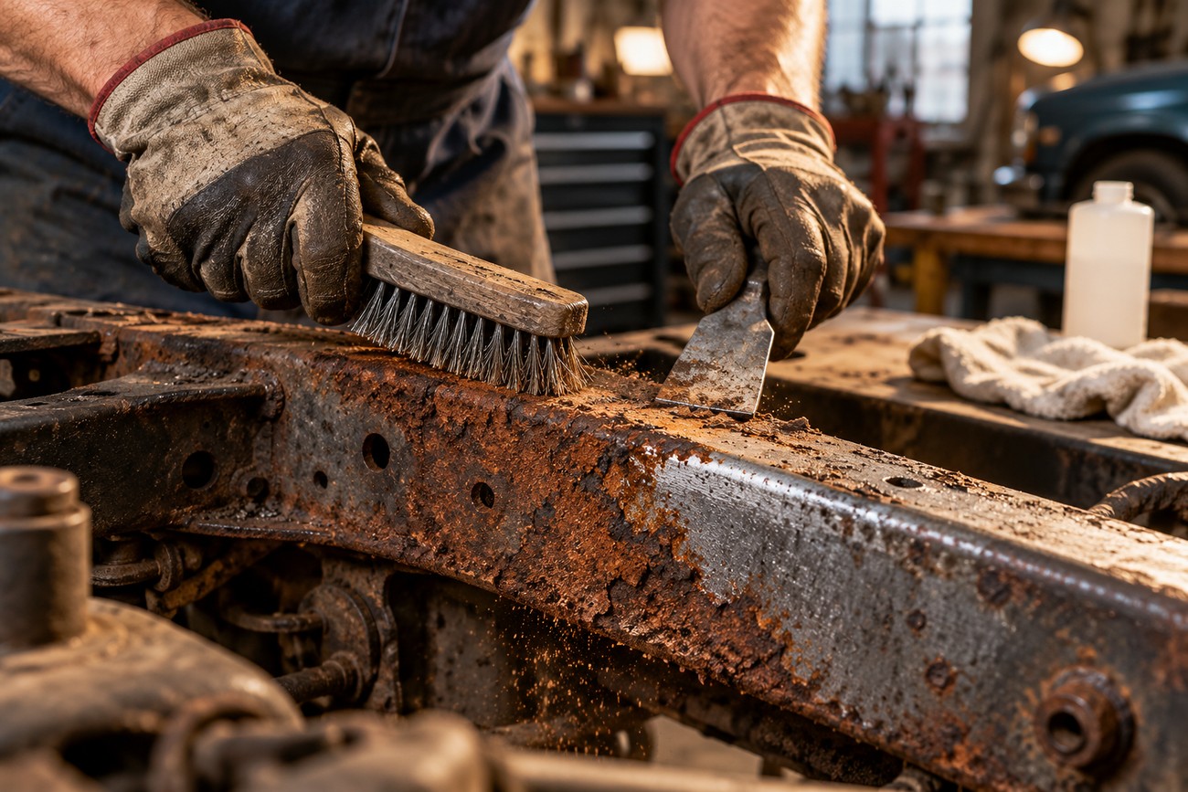 A mechanic wearing work gloves uses a wire brush and metal scraper to remove surface rust from a car frame