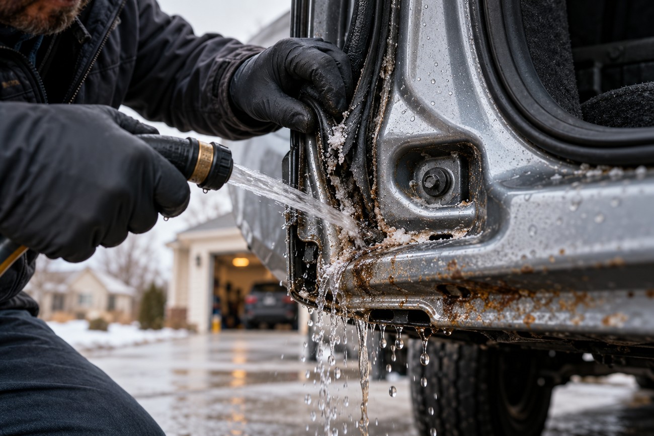 A person in black gloves rinses surface rust and dirt from a car door frame with a water hose