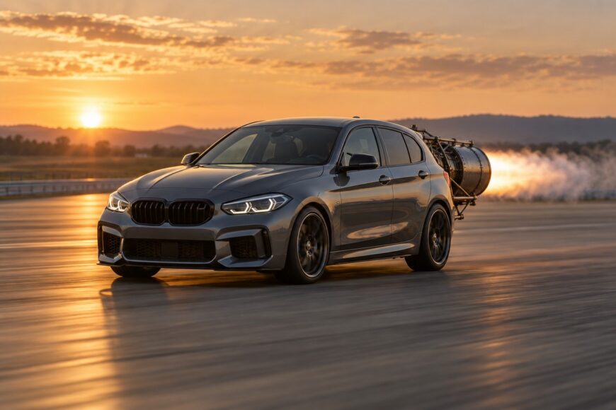 A grey BMW 1 Series with a mounted rocket booster accelerating rapidly on a track at sunset