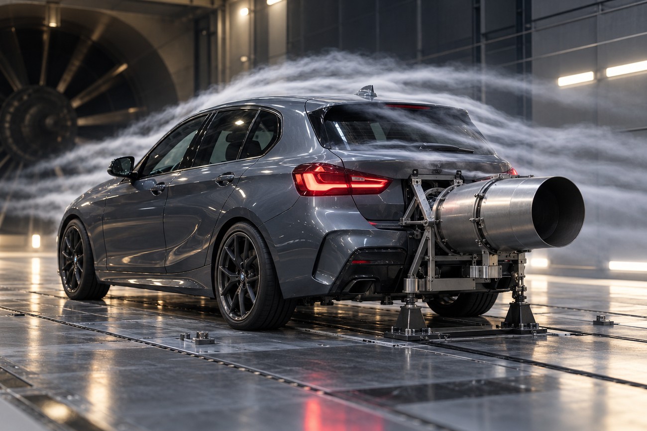 Grey BMW 1 Series hatchback with an attached rocket booster being tested in an industrial wind tunnel with visible airflow streams