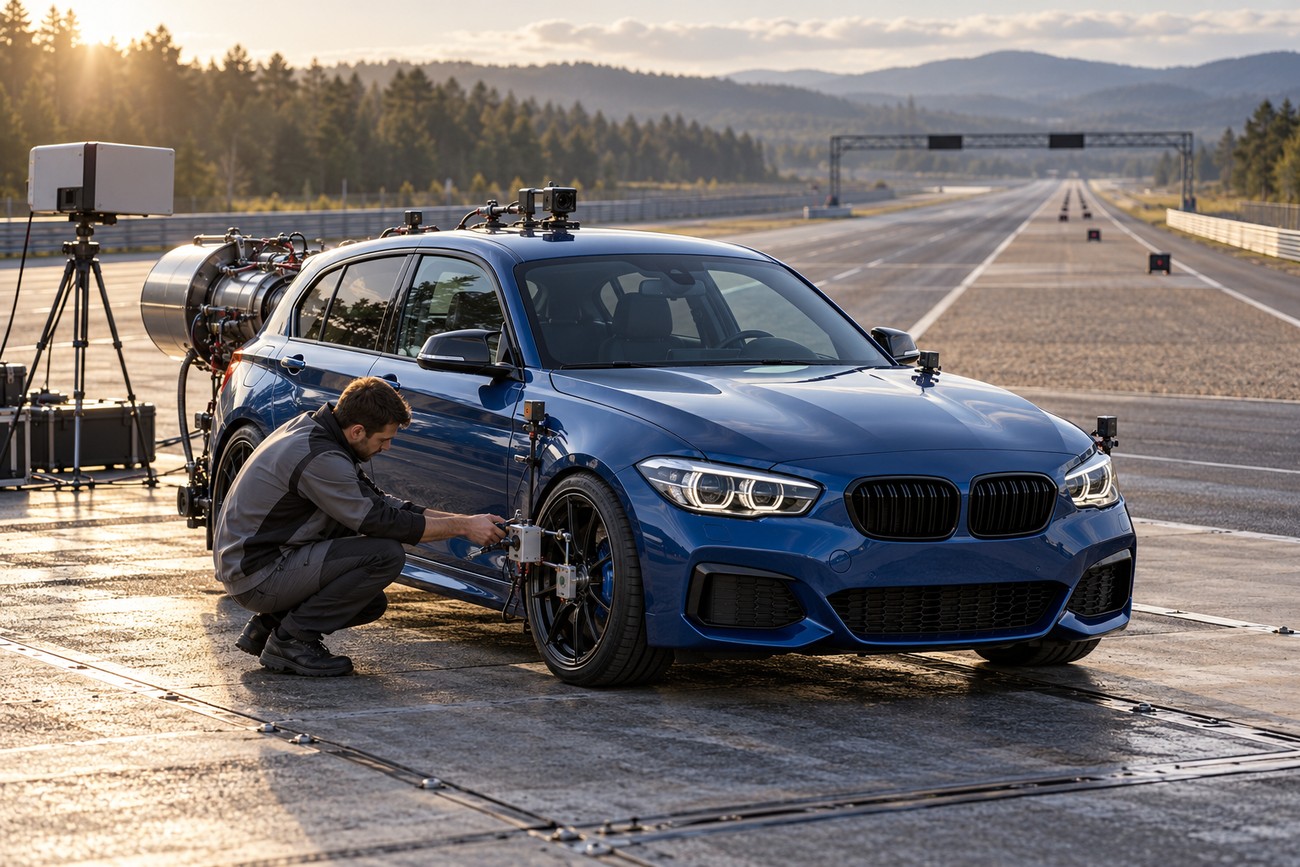 An engineer inspects the wheel sensors of a blue BMW 1 Series fitted with a rocket booster on a test track