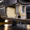 Close-up of yellow closed-cell foam installed inside an open car body sill cavity in a workshop