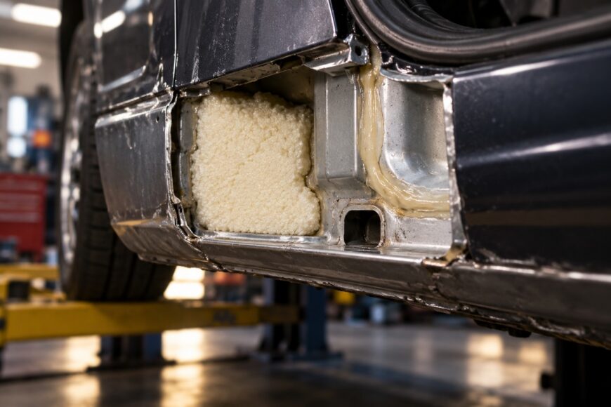 Close-up of yellow closed-cell foam installed inside an open car body sill cavity in a workshop