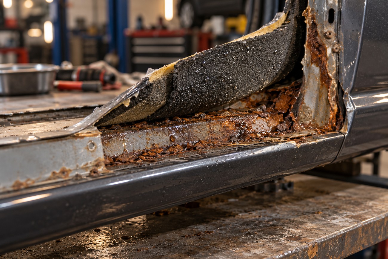 Severe rust and corrosion hidden under closed-cell foam inside a car body cavity and rocker panel in a workshop