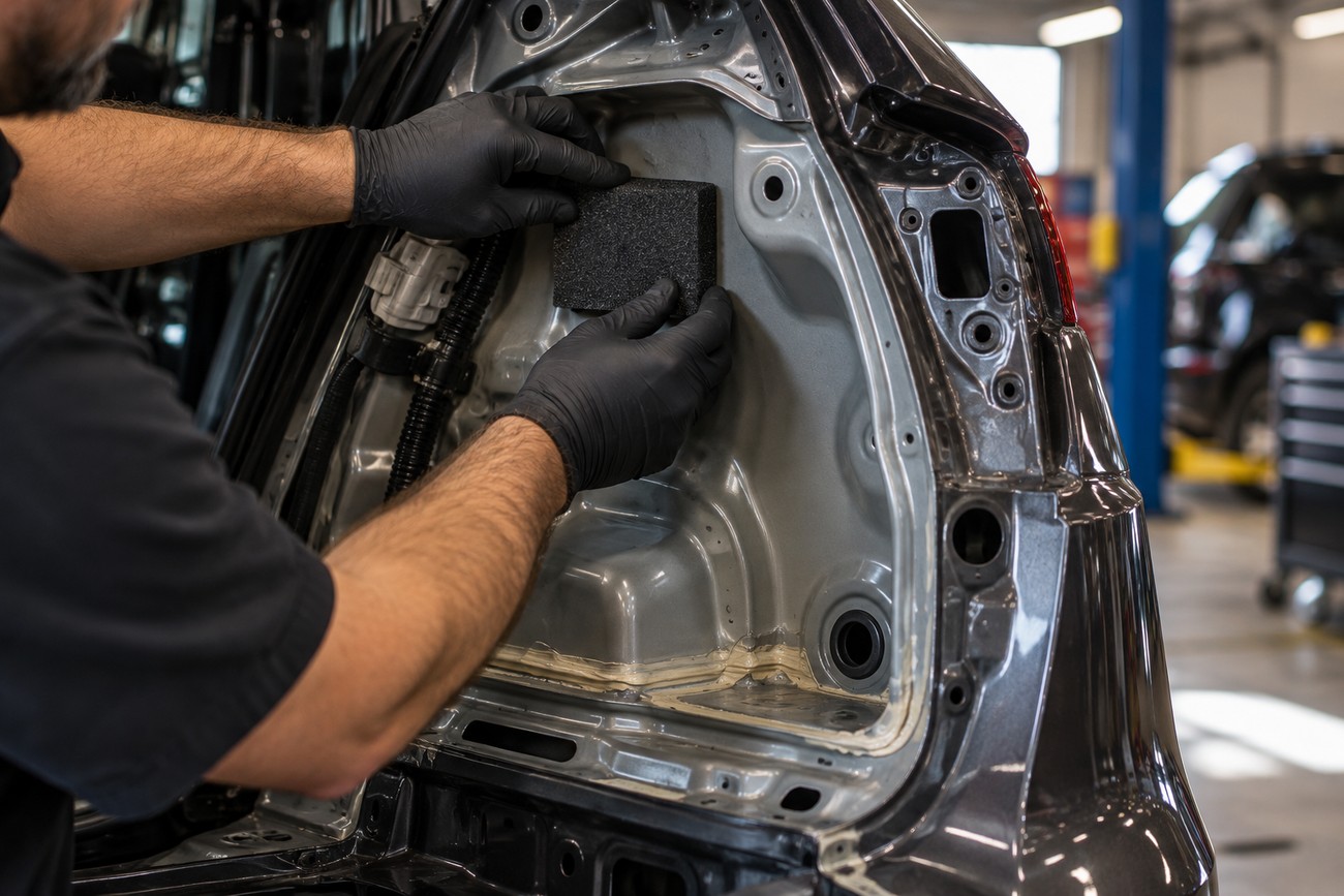 A mechanic wearing black gloves carefully installs a block of black closed-cell foam into a metal car body cavity