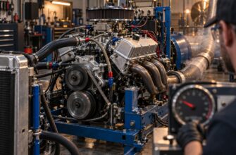 Mechanic operating a control panel while a freshly rebuilt performance engine runs on a dyno test stand in a professional workshop
