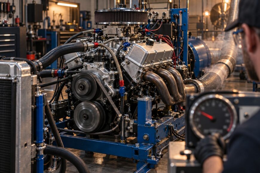 Mechanic operating a control panel while a freshly rebuilt performance engine runs on a dyno test stand in a professional workshop