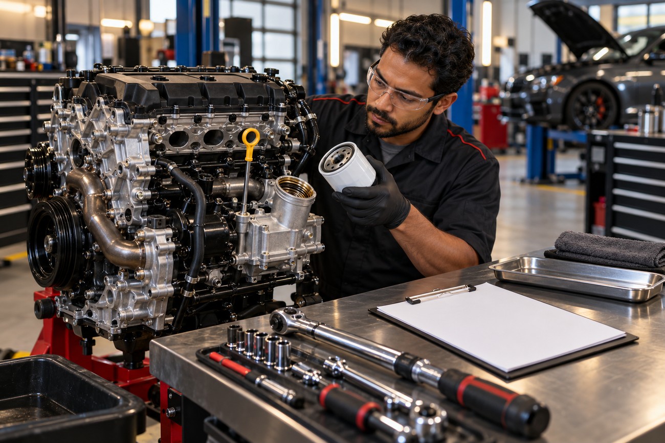 A mechanic wearing safety glasses and gloves holds an oil filter next to a rebuilt car engine on a stand in a workshop