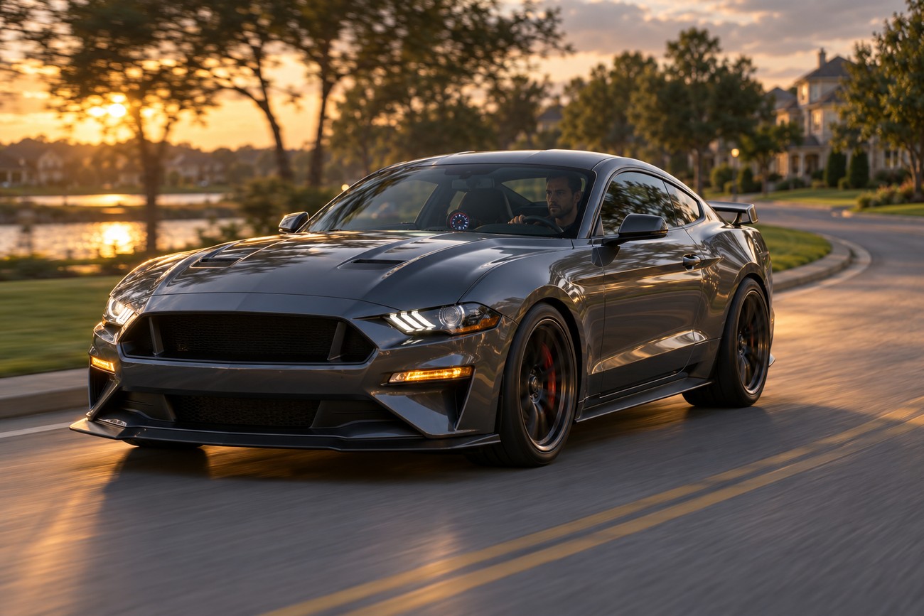 A man driving a dark gray sports car on a residential street during sunset for an engine break-in test
