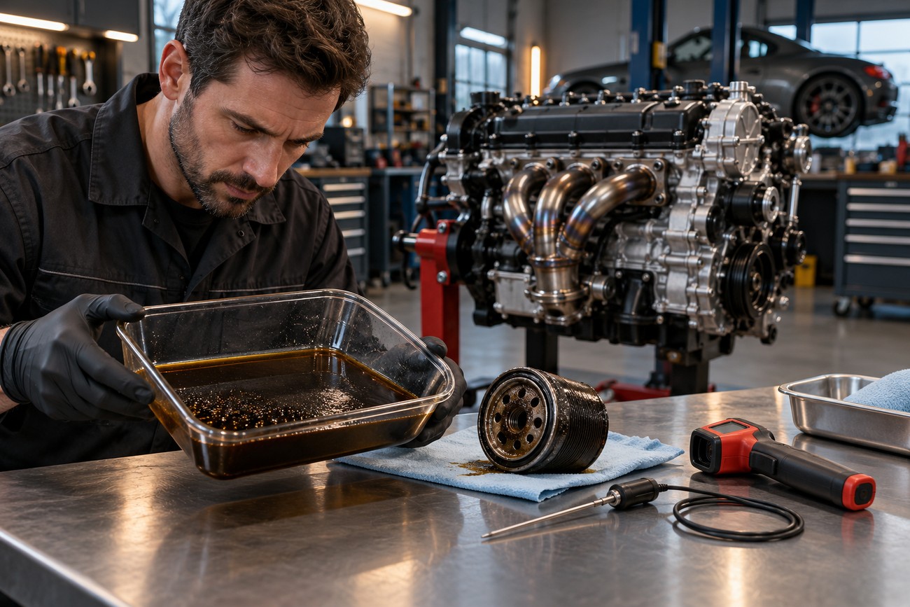 A mechanic wearing gloves inspects used engine oil and a filter on a workbench in an auto repair shop