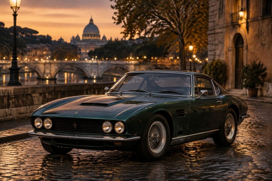 Dark green classic Iso Grifo sports car parked on wet cobblestones in Rome at dusk with illuminated bridge and basilica in background