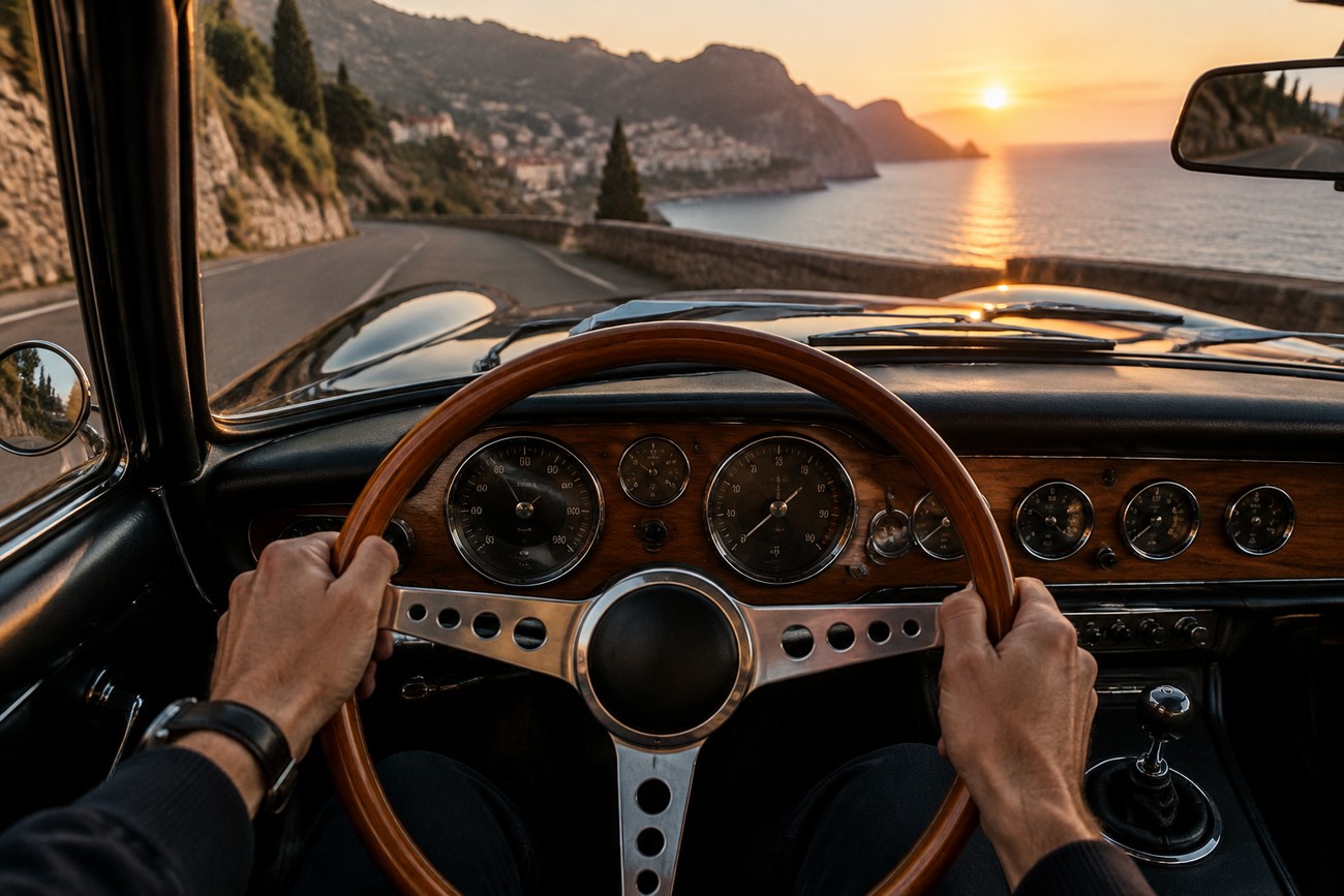 Driver holding the wooden steering wheel of a classic Iso Grifo driving along a scenic coastal road at sunset