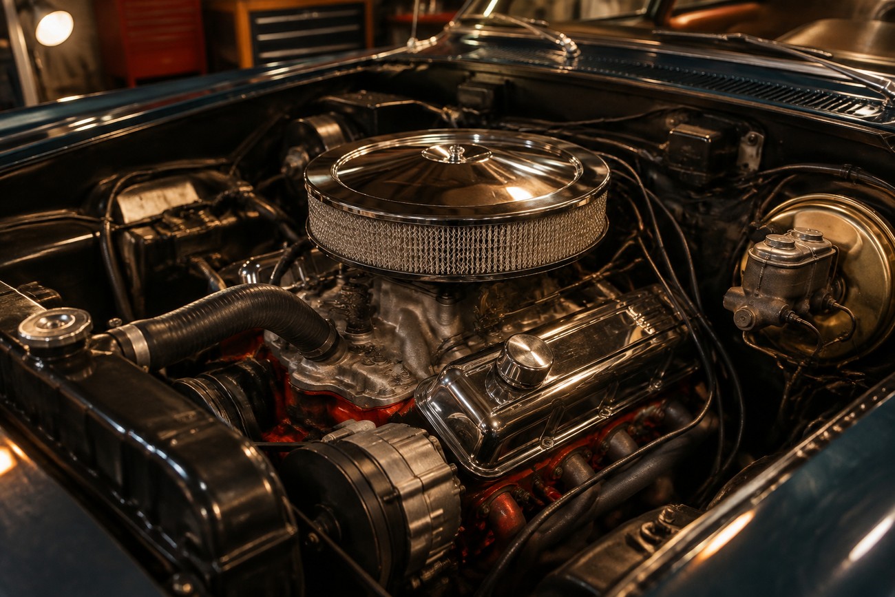 Close-up of a powerful V8 engine with chrome air filter and valve covers under the hood of a classic Iso Grifo